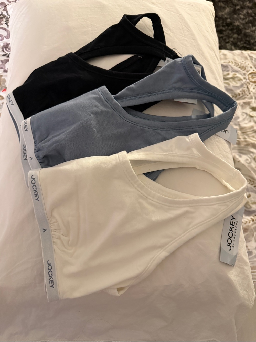Jockey Women’s 3-Pack Racerback Crop Tanks — Black, Blue, White